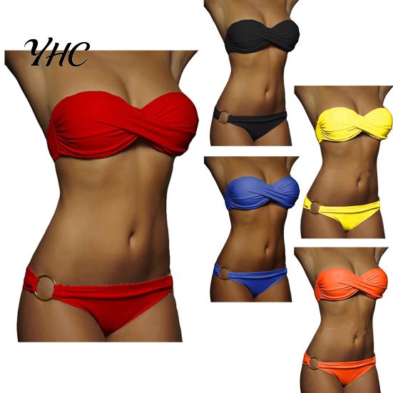 Traje de Baño 2 Piezas/Set Bikini de Verano Color Sólido Push Sin Tirantes Simple Traje de Baño para Mujer para la Playa