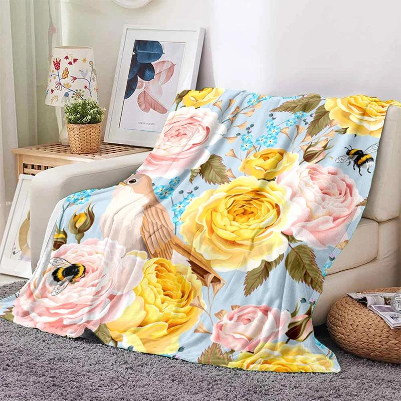 Pink Rose Flowers Printed Blanket for Sofa Bed Travel Camping Living Room Office Conditioning Blanket for All Seasons Gifts