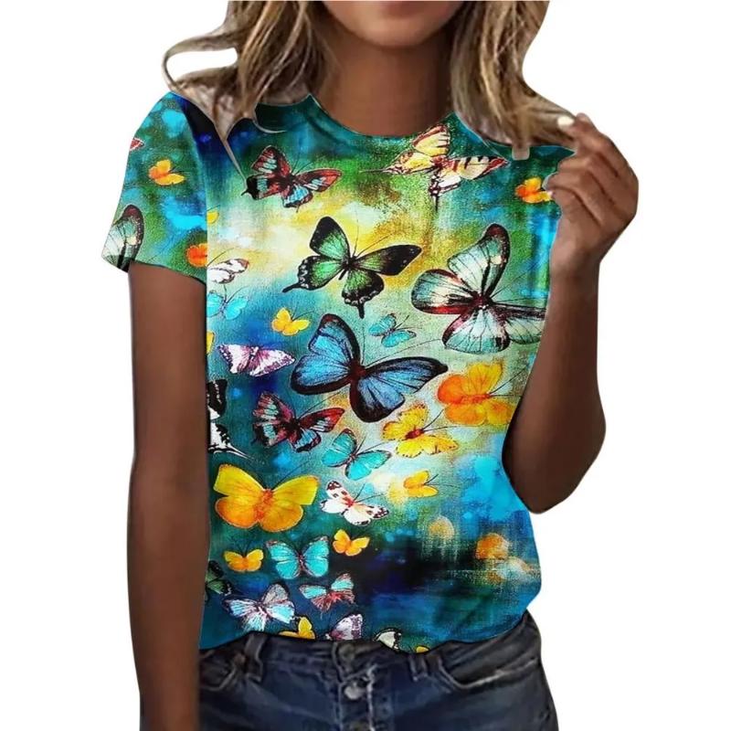 

Fashion Women s Crew Neck T-Shirt 3D Butterfly Color Printing Butterfly Short Sleeve 6XL