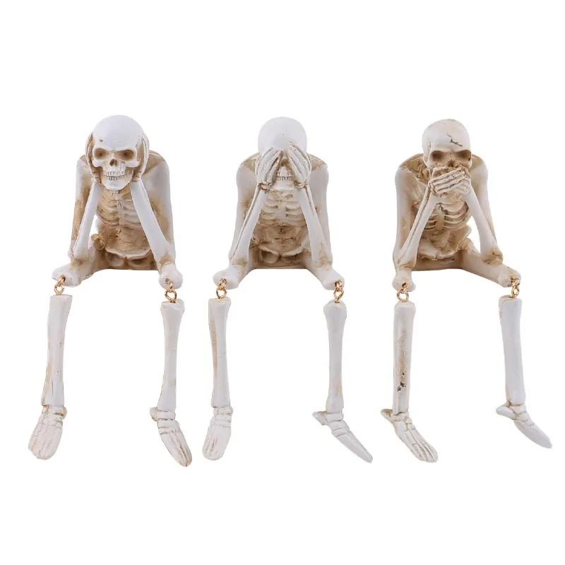 Halloween Resin Statues - See/Speak/Hear No Evil Skeleton Figurines Realistic Skull Decor for Bookshelf & Table Edge Ornament