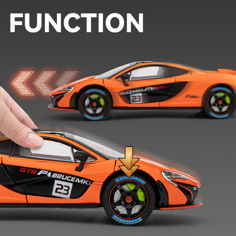 1/24 McLaren P1 GTR Supercar Alloy Diecast Model Car Sound and Light Pull Back Children's Toy Car Classic Ornaments Collection