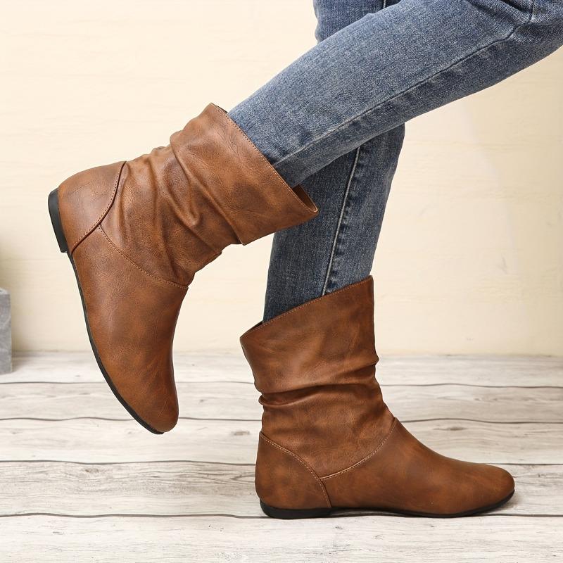 Chic Brown Faux Cover Slip-On Ankle Boots for Women | Comfortable Flat Heel, Round Toe, Wrinkled Design Casual Outfits Chic | Comfortable