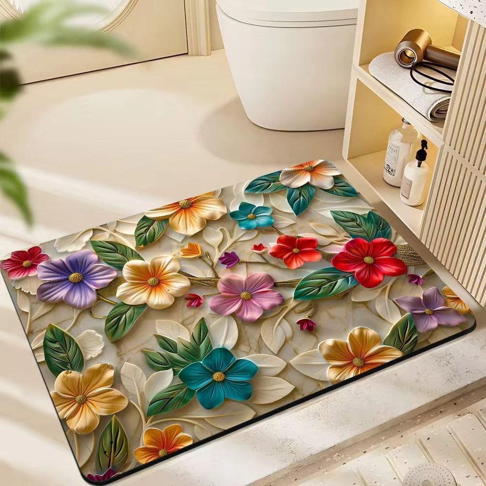 Visual 3D Floral Floor Mat Bathroom Sink Bathtub Side Absorbent Anti Slip Dirt Resistant Rug Entrance Carpet Home Decoration