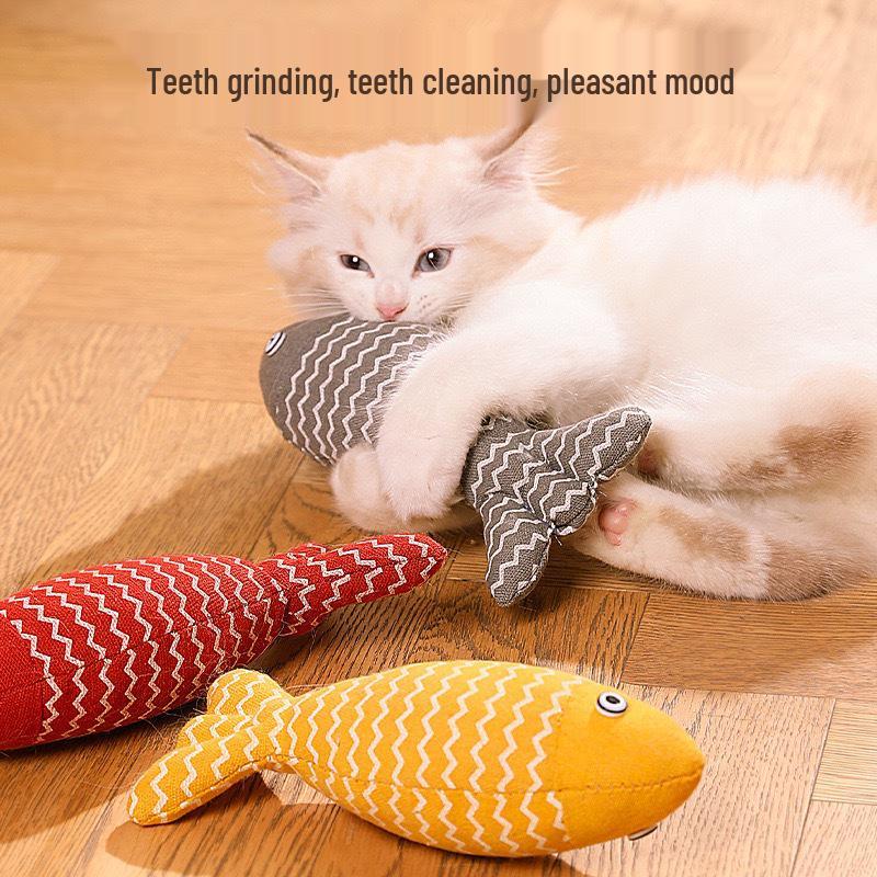 Catnip Burlap Fish Toy: Self-Entertainment, Chewing-Resistant, Teeth-Grinding Teaser for Cats.