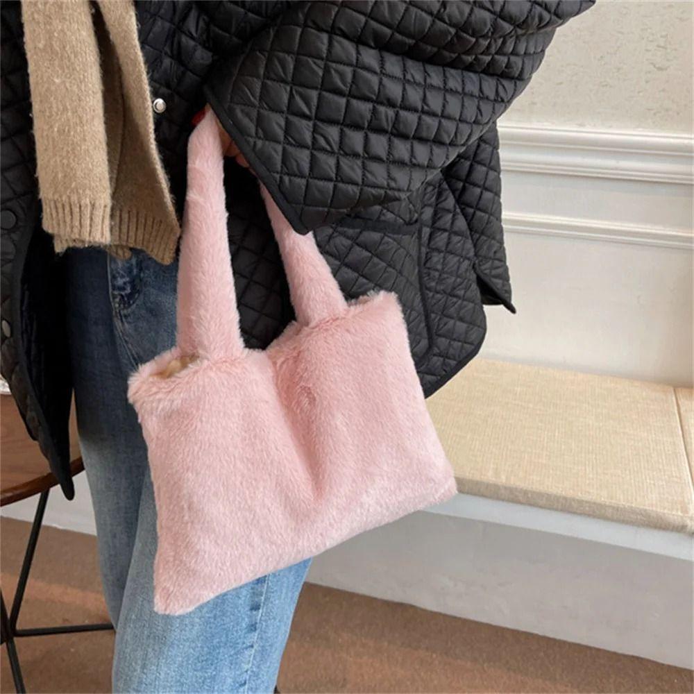 Plush Tote Bag Cute Hand Bag Solid Color Shoulder Bag Autumn Winter