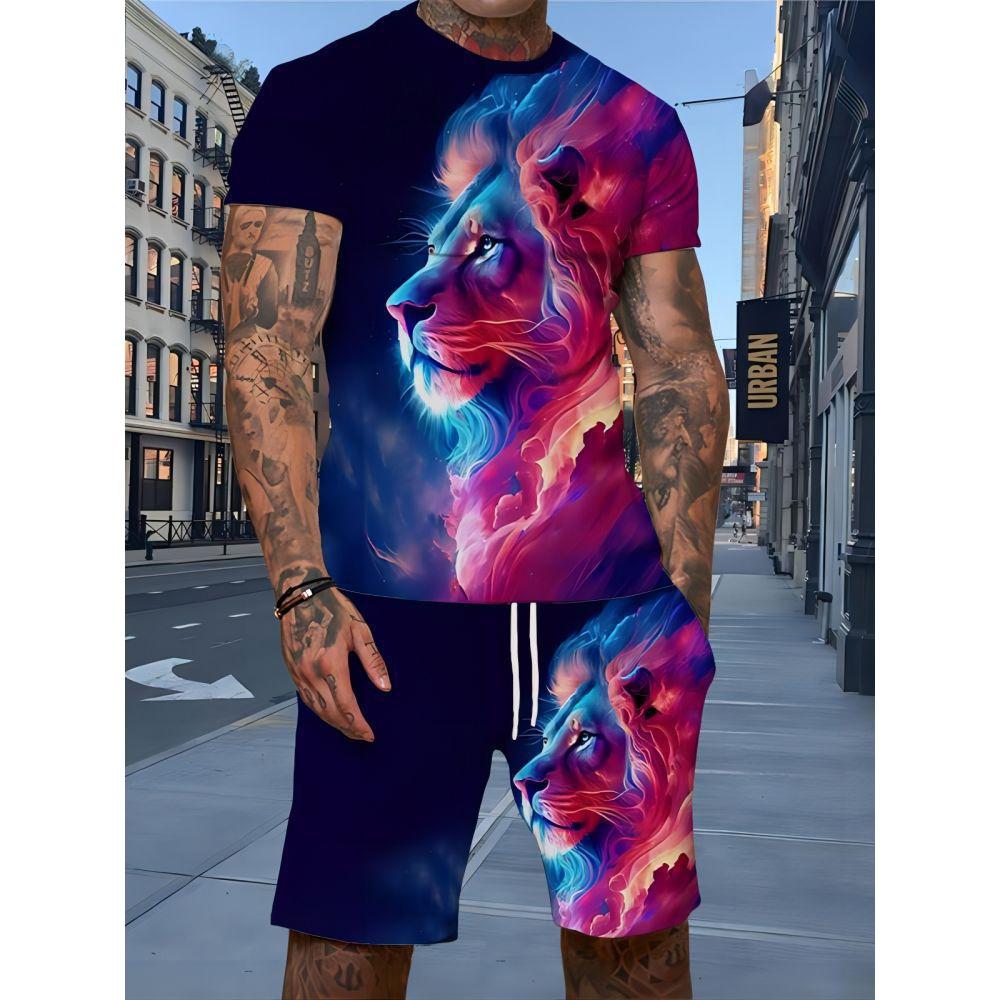 Summer Lion Animal 3D Print T-Shirts Short Sets Men's Tracksuits Oversized Short Sleeve T Shirt Pant Man Suits Clothing