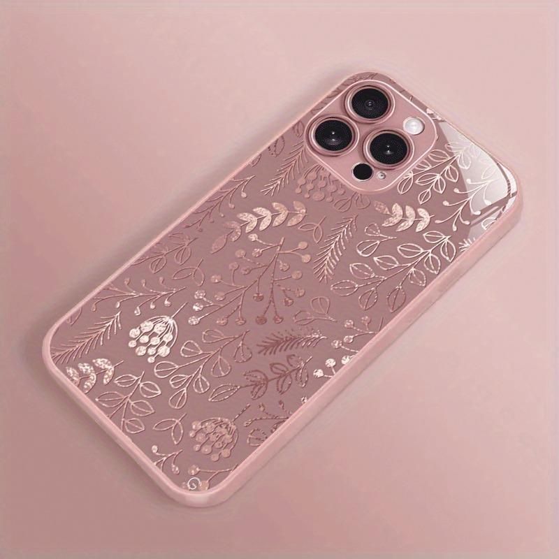 Kreatives Rosa Blumenpflanzen Muster Metallische Farbe Glas Handyhülle Für iPhone 11 12 13 14 15 16 17 Pro Max Plus 16E 17Air Hülle