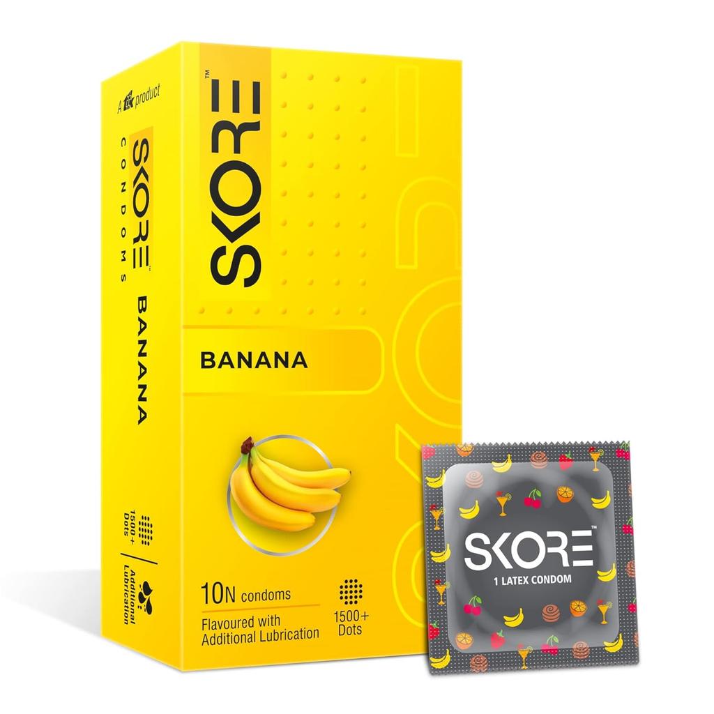 Skore Fruit Basket Flavoured Condoms Combo Pack of 4, X10 Pcs Orange Banana Cherry Strawberry Dotted Latex Rubber