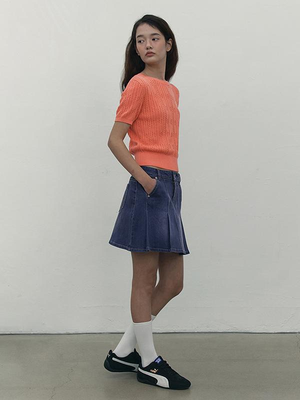 Kirsh Cherry Denim Pleated Mini Skirt [Blue]