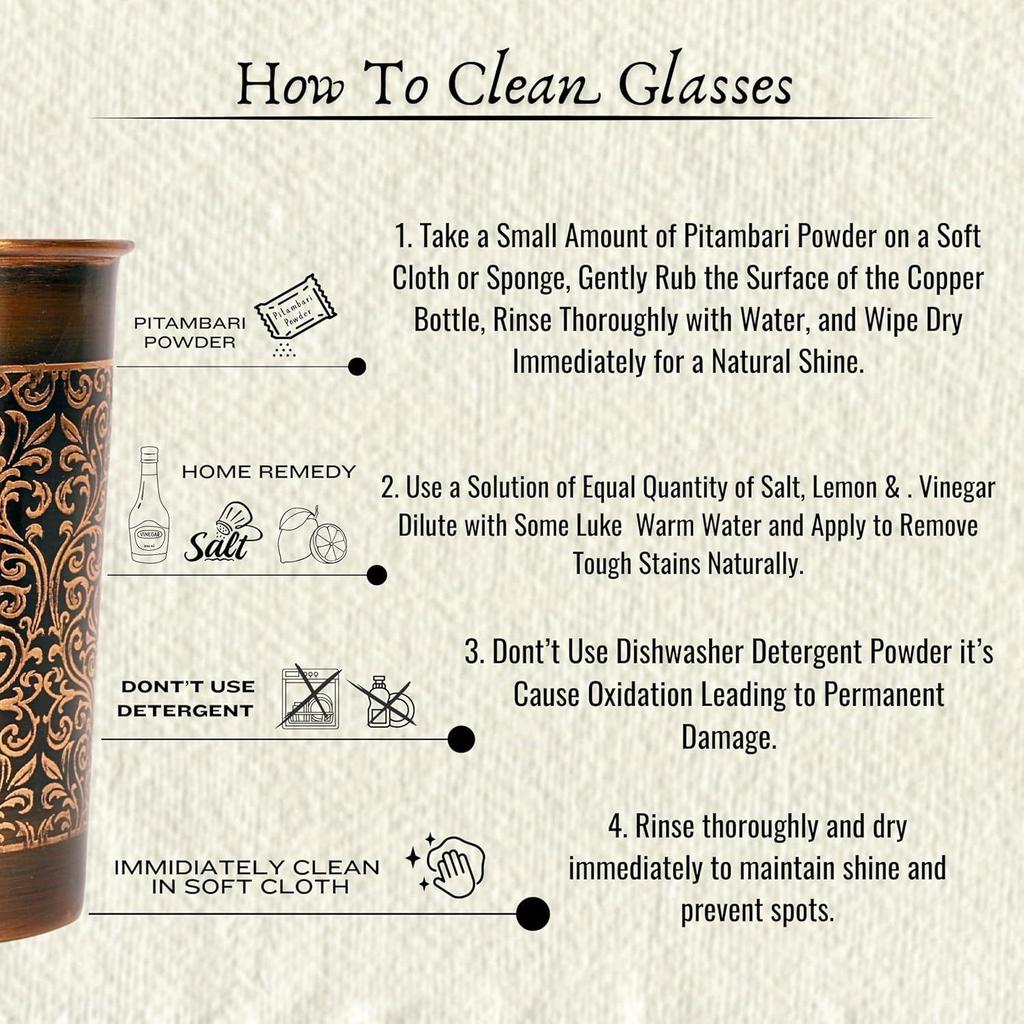 Pure Copper Handcrafted Glasses Set with Gift Box Set of 4 Antique Etching Design for Ayurveda Wellness | Elegant Ayurvedic Benefits - 250ml