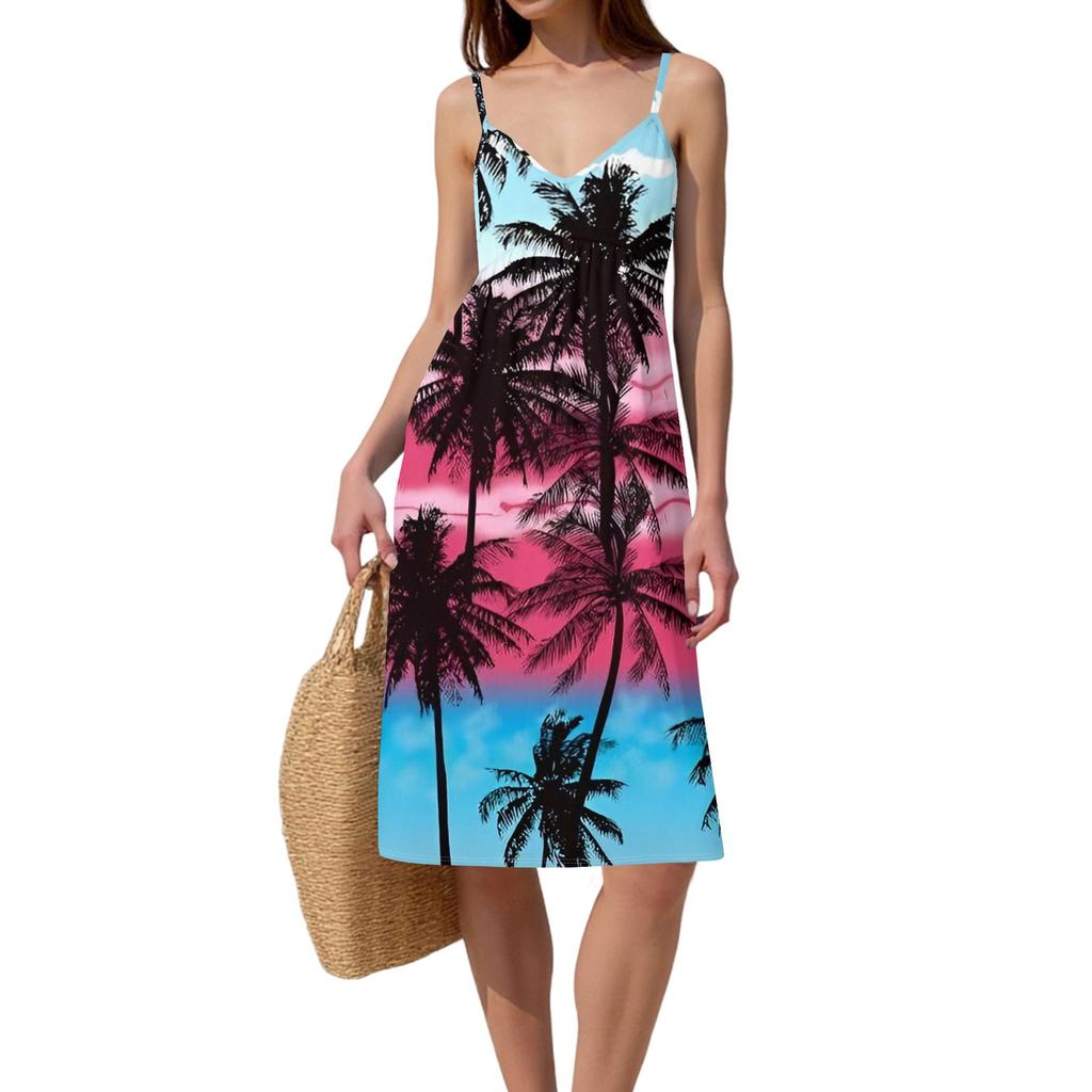 Women's Spaghetti Strap Backless Bow Loose Casual Beach Holiday Dress Sundress