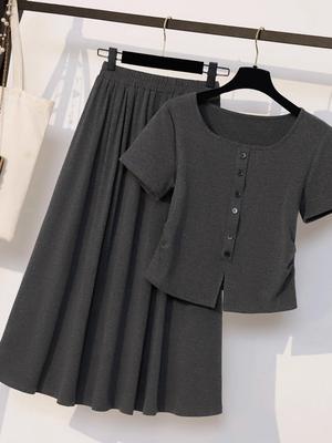 Korean Style Plus Size Buttoned Summer Two-Piece Short Sleeve Skirt Set