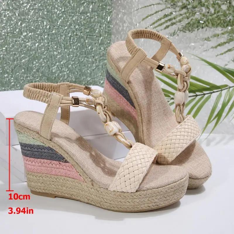 Bohemia Woven Strap Button Bead Decoration Sandals Women 2025 Summer Chunky Platform Wedge Heel Shoes Casual Hemp Sole Sandals