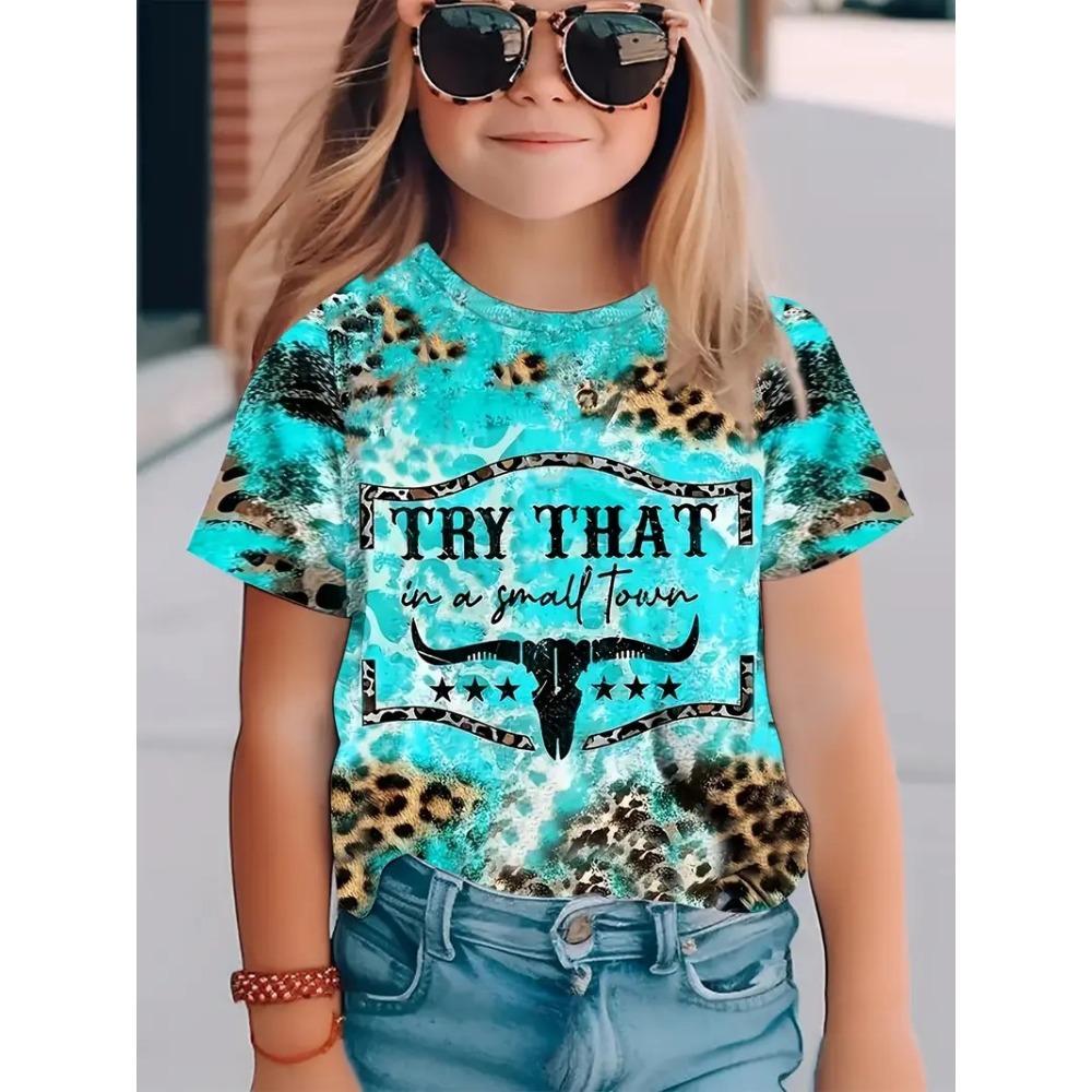 Girls' T-shirt tops fashion casual personality dressy cute pattern pullover short-sleeved