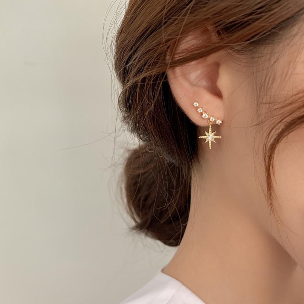 Temperament Shiny Gold Color Zircon Star Dangle Earrings for Women New Korean Fashion Charm Party Stud Jewelry Accessories Gift