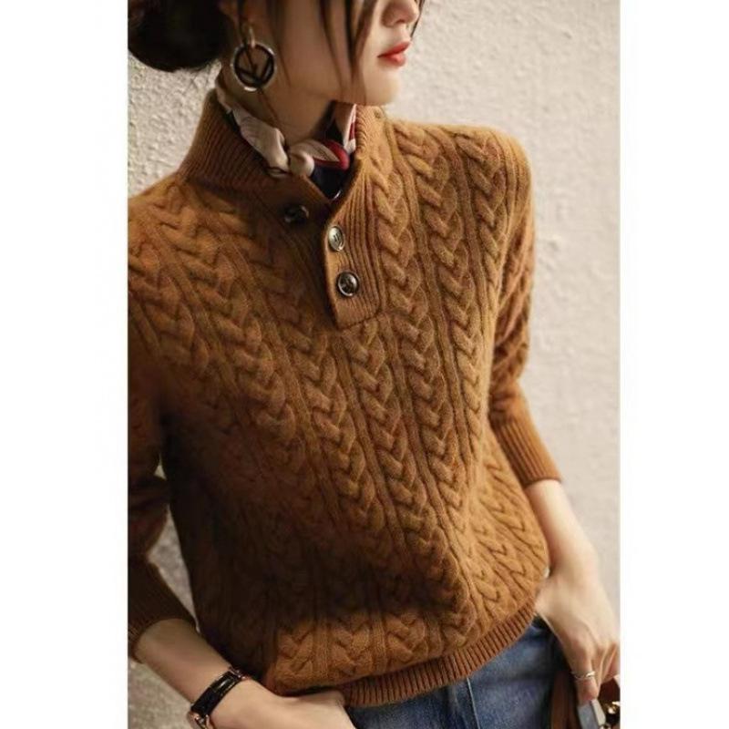 Вязаный пуловер свитер воротник-стойка полуотложной лацкан скрученный твист бейсбол элегантный XXS дубильная кора 2930₽