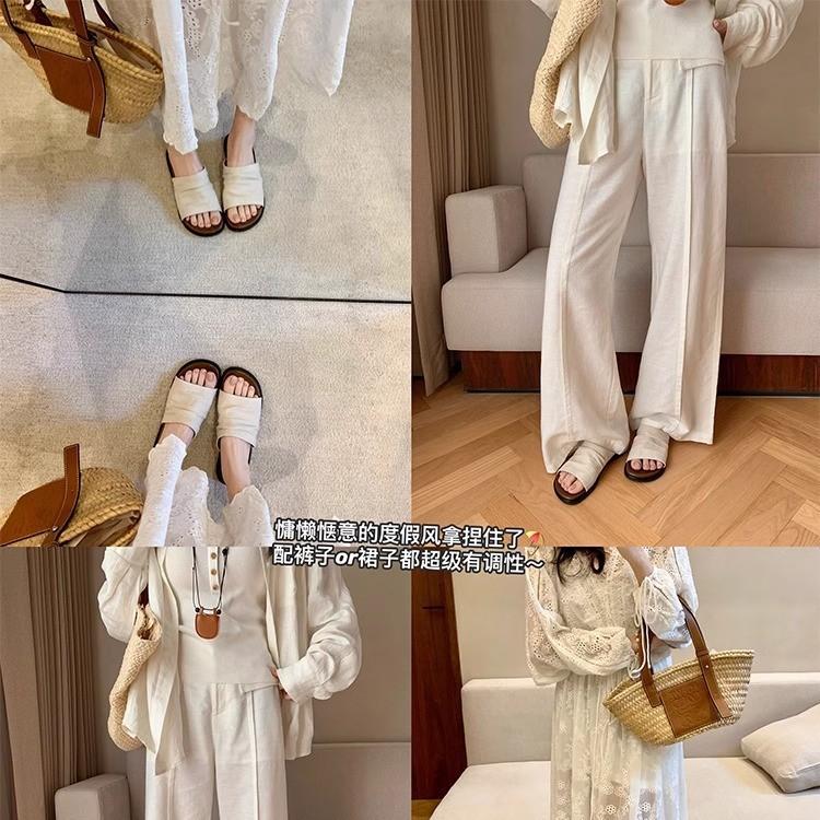 2025 spring and summer new fashion leather Bangkok slippers~ wrinkled leisure vacation beach flat bottom sandals women's slippers