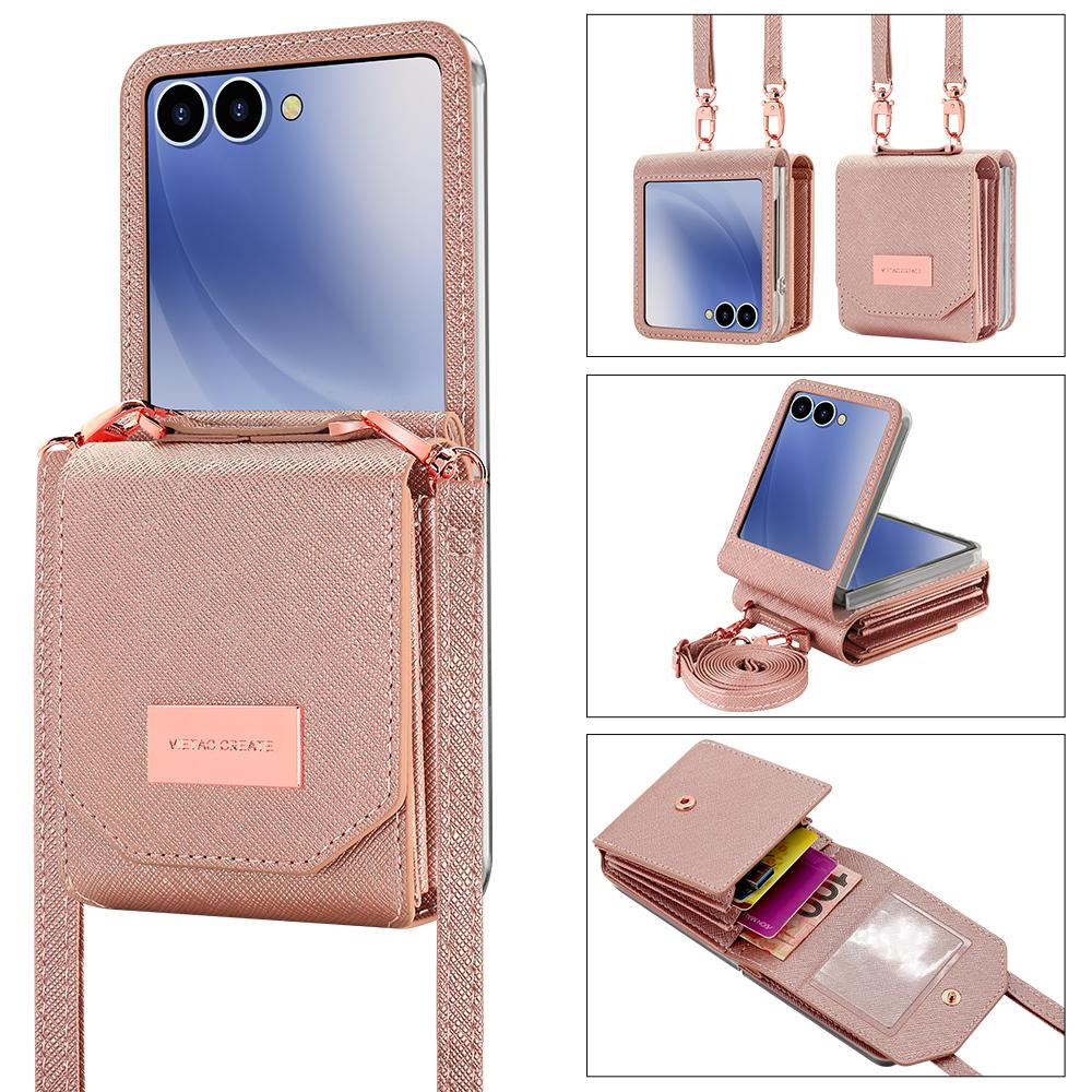 For Samsung Galaxy Z Flip7 5G Case Card Bag Kickstand PU Leather PC Phone Cover with Strap