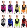 Girls Gymnastics Leotard with Gloves Mock Neck Sleeveless Sparkling Sequins Color Block Dance Costume