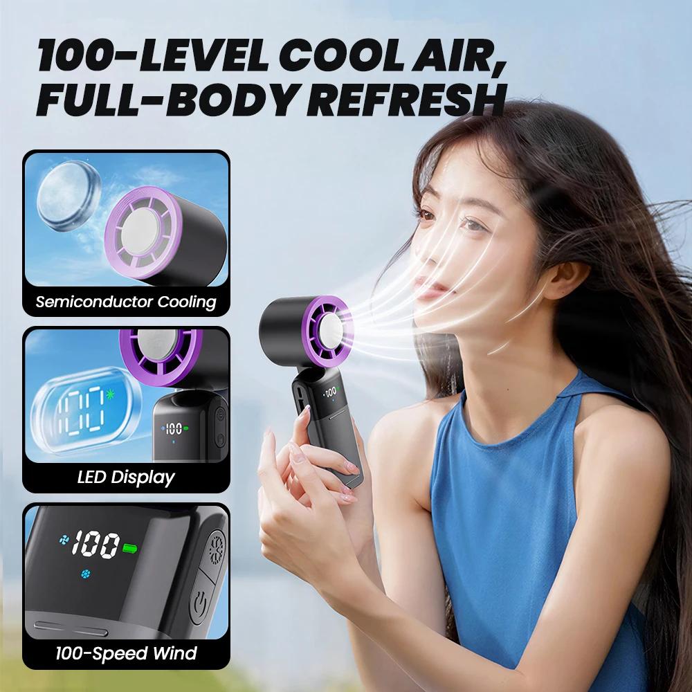 Handheld Mini Ice Compress Turbofan with Lanyard LED Digital Display Quite and High-Speed USB Rechargeable Air Cooling Fans