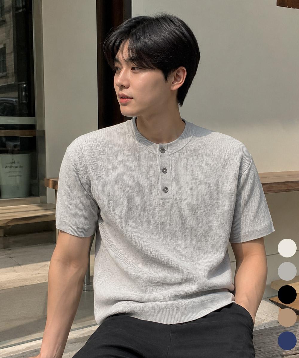 Ichor Ribbed Henley Neck Short Sleeve Knit : 5 Colors Black/3 (Xl)