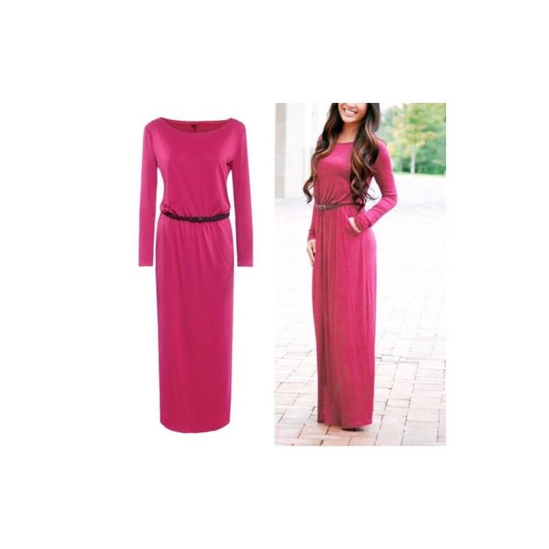 Casual Fashion Women Long Sleeve Belted Party Evening Cocktail Long Dress Maxi