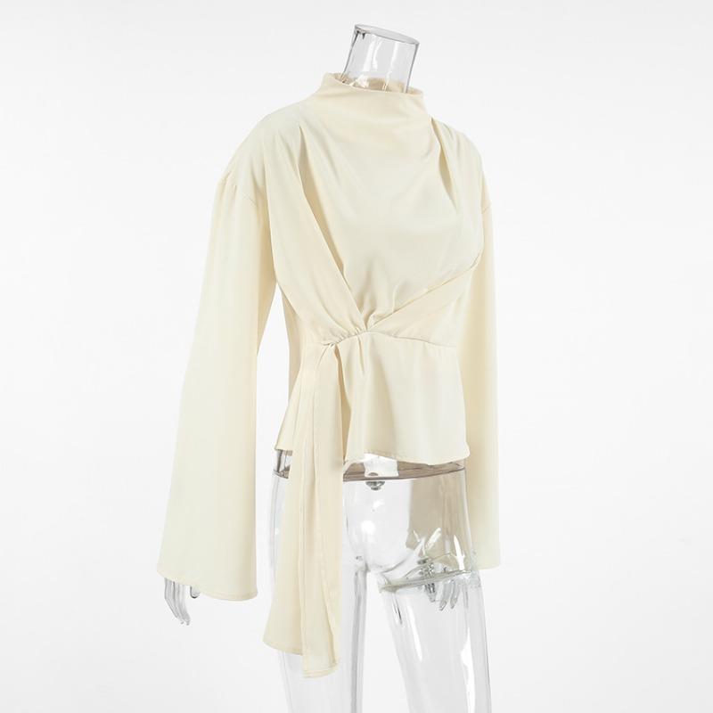 French Style Stand Collar Chiffon Flared Sleeve Pleated Split Shirt