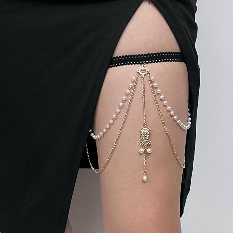 Beach Gold Color Multi-Layers Pearl Thigh Chain Women'S Trend  Leg Chain Fringe Geometric Body Jewelry