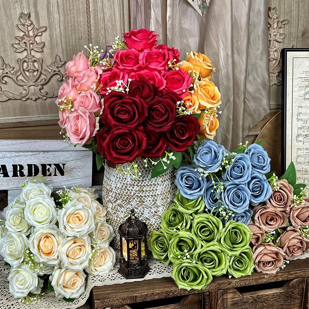 7 Heads Real Happy Imperial Rose Flower 9 Colors Photography Photo Gift Valentine's Day Flowers Mini Crystal Grass Bouquet