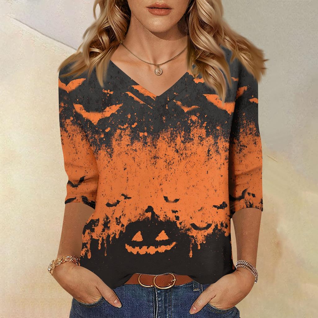 Women's Casual Halloween Print V Neck Top Three Quarter Sleeve Lightweight Blouse for Seasonal Wear