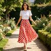 Women Maxi Skirt, Elastic Waist Plaid Print Long Skirt, Flowy Hem Lightweight Summer Skirt for Beach Travel Vacation Party