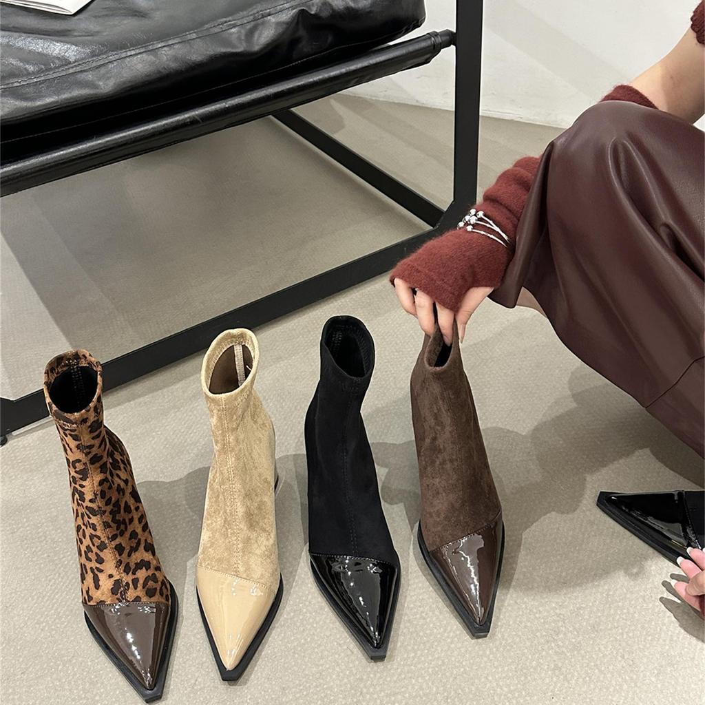European and American Pointed High-heeled Short Boots 2025 New Autumn and Winter Niche Design Splicing Thin Boots Temperament Thick Heel Fashion Boots