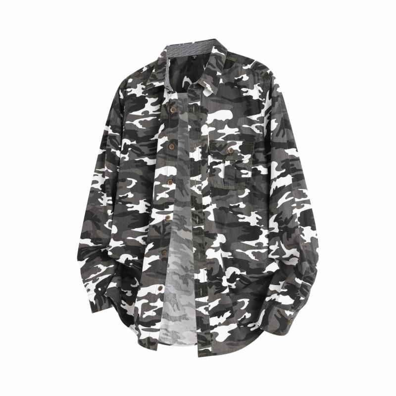 Jesienna męska bawełniana koszula z długim rękawem w kamuflażu Męska casualowa luźna koszula kurtka