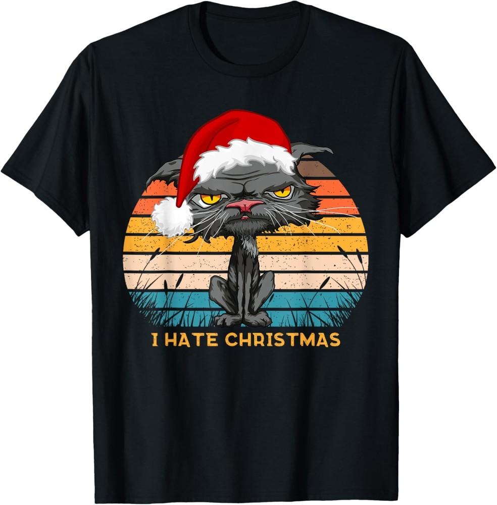 Anti Christmas I Hate Christmas Bored Cat Retro Santa Hat T-Shirt
