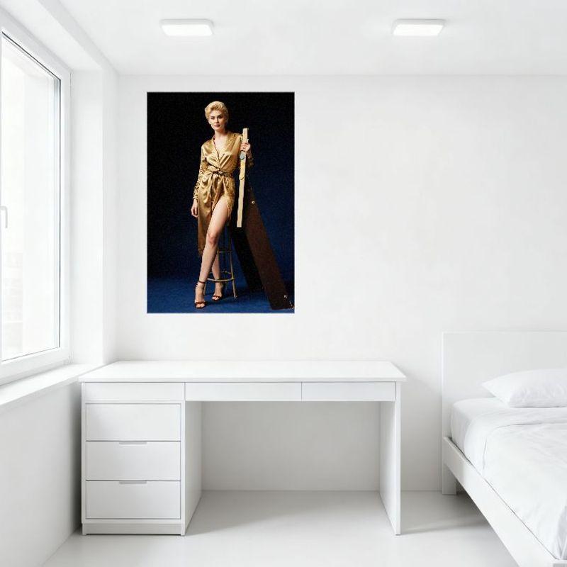 Sexy Blonde Woman Golden Satin Robe Studio Photo Metal Tin Sign, High Heels & Easel Wall Decor for Bar Pub Home Cafe, Vintage Ar