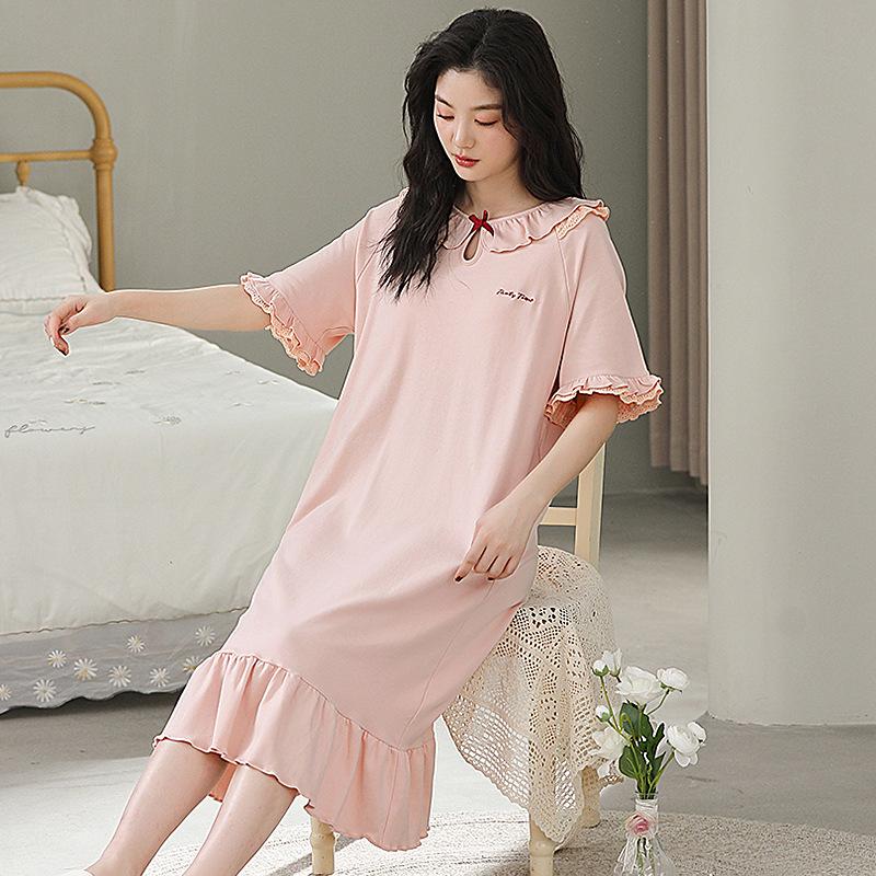 Summer Girl Pink Bow Nightdress Pure Cotton with Chest Pad Anti-bumping Short Sleeve Elegant Lazy Lady Princess Dress