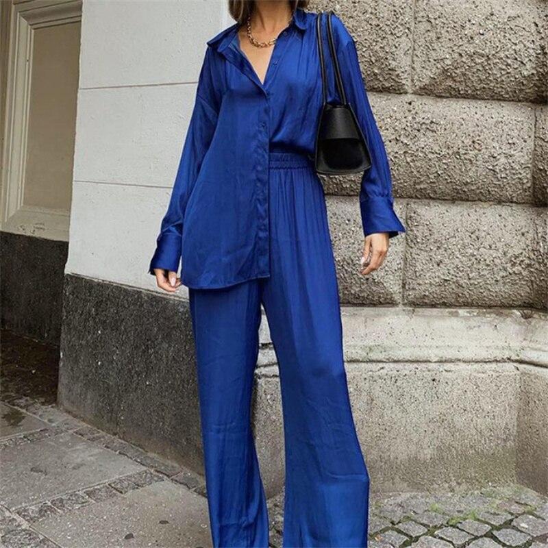 

Модные комплекты из двух предметов с брюками 2022, весенние женские длинные рубашки с лацканами и широкие брюки, костюмы, повседневные свободные однотонные одинаковые комплекты L синий