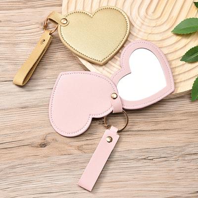 Love Heart Shape Makeup Mirror Waterproof Faux Leather Vanity Mirror Keychain Portable Travel Women Handheld Cosmetic Mirror Bag Pendant