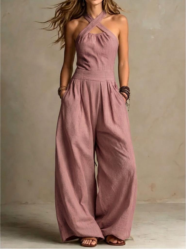 2026 summer new neck cross jumpsuit, European and American style waist back wide-leg pants, cross-border women's clothing