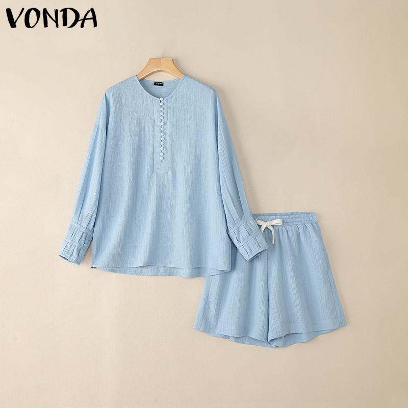 

VONDA 2PCS Women Sets Long Sleeve Shirts Elastic Waist Shorts Casual Semi-Sheer Suits XL синий