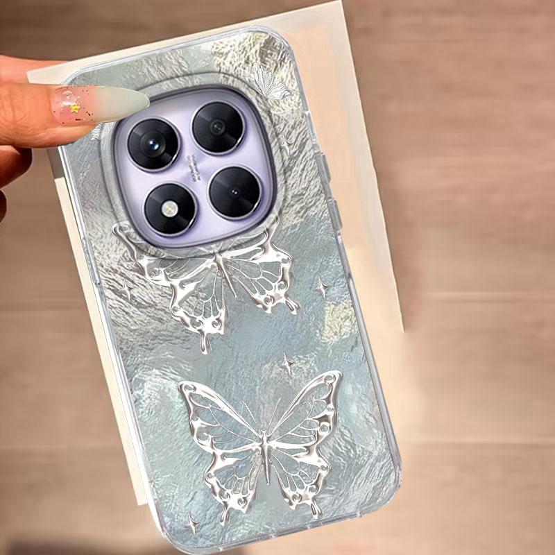For Redmi Note 14 Pro Plus 13 11 12 Pro 14S 11S 10S 9 Pro Max 9S 8 Pro 5G Ro 4G Phone Case Silver Butterfly Pattern Silicone Bag