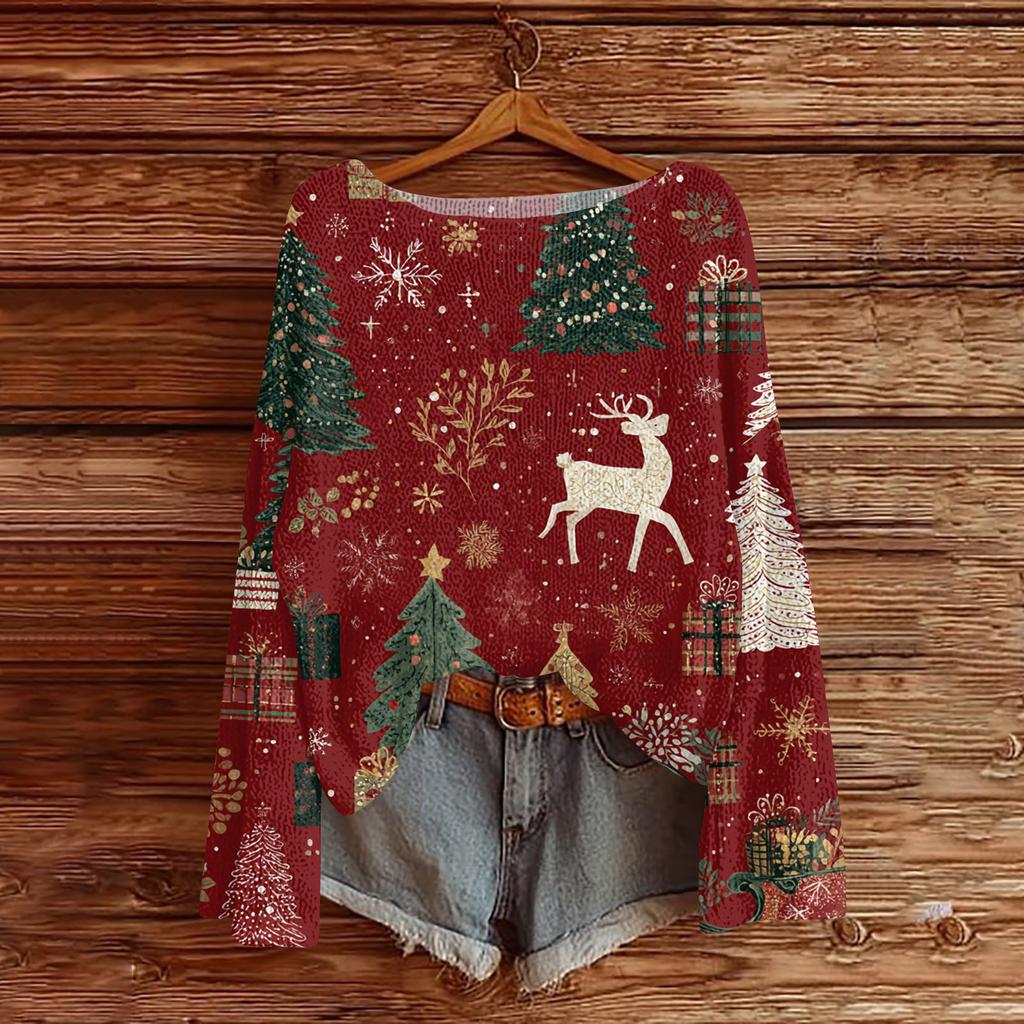 Women's Round Neck Lightweight Sweater Casual Long Sleeve Christmas Print Knit Pullover