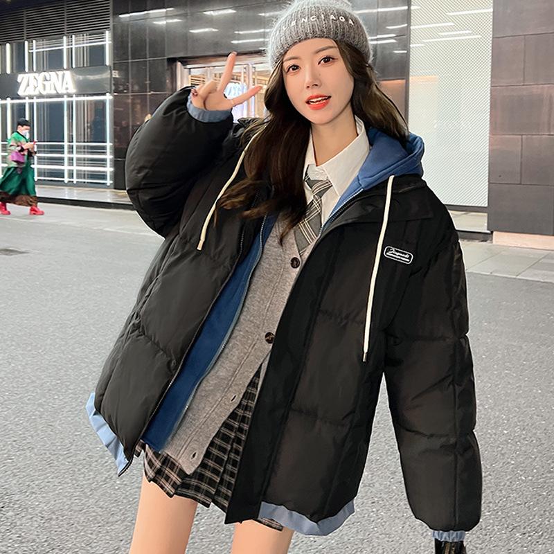 

Зимний новый повседневный женский короткий толстый стеганый свитер с имитацией двойки, стеганая хлопковая куртка, пальто-хлеб. XL чёрный