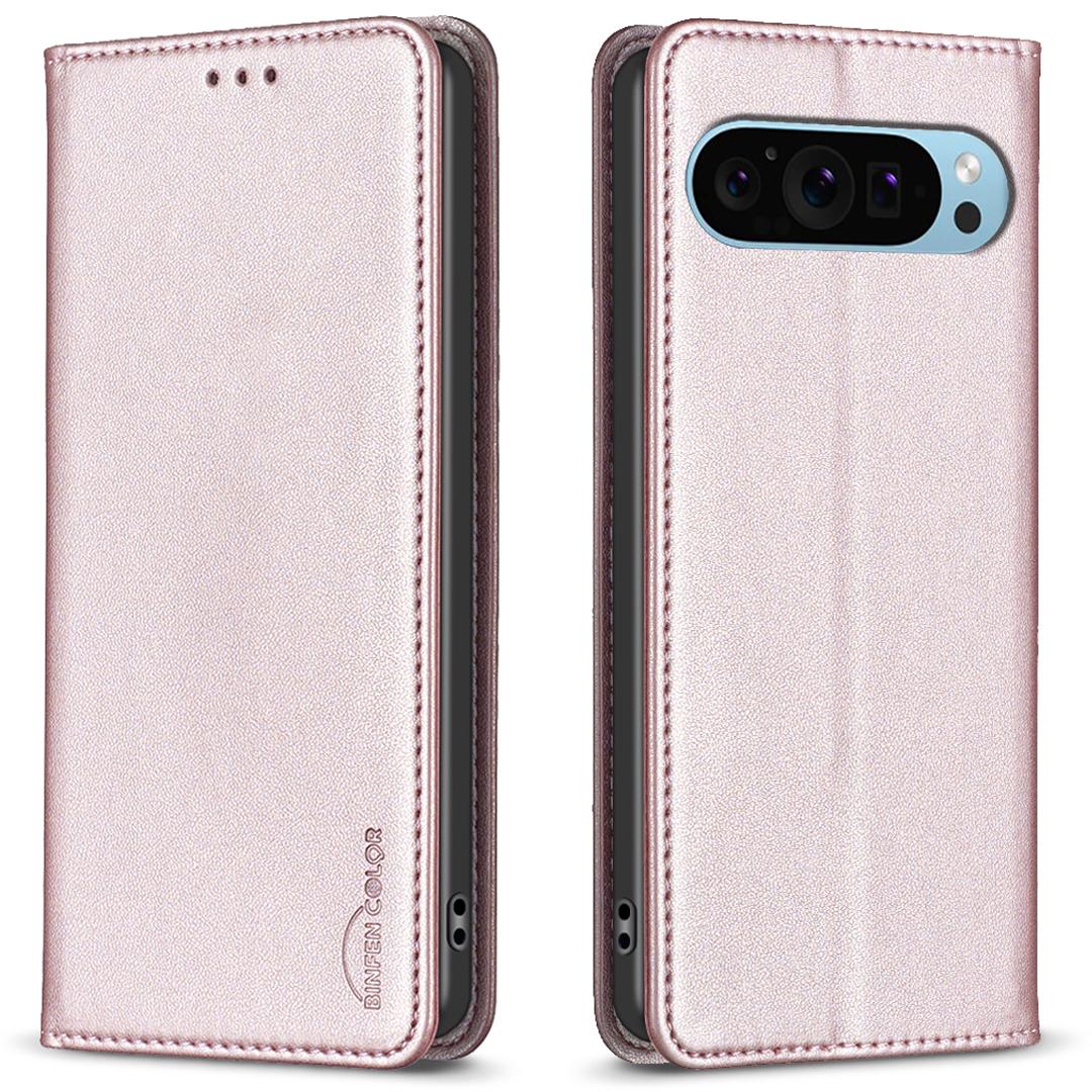 

BINFEN COLOR BF18 For Google Pixel 9/Pixel 9 Pro Leather Case Magnetic Closure Flip Phone Cover Full Body Protection Rose Gold