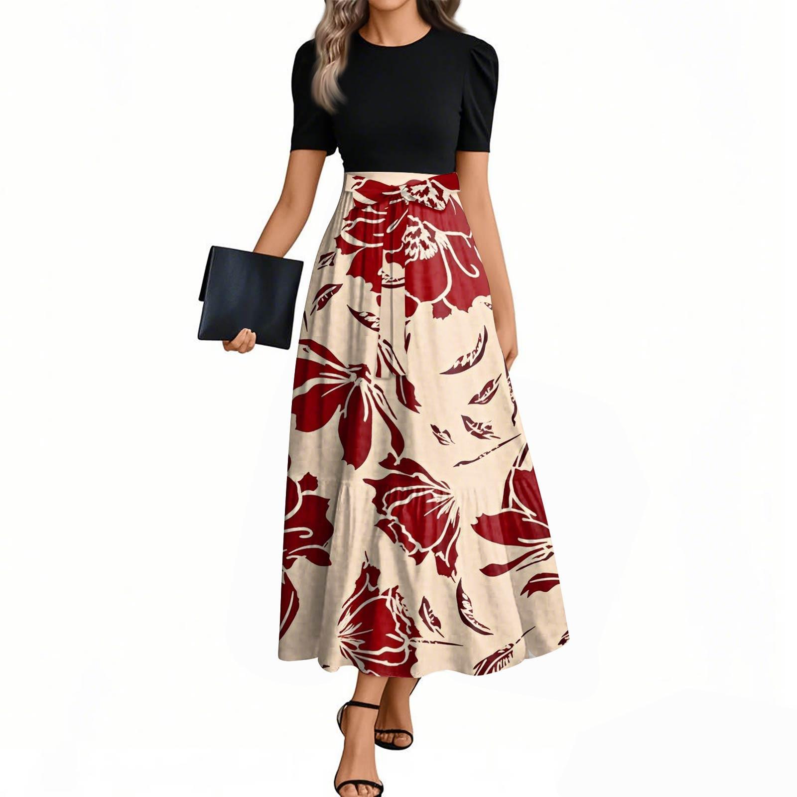 

Женские модные повседневные платья с поясом, короткими рукавами и круглым вырезом, с принтом, элегантные, темпераментные XXL винный