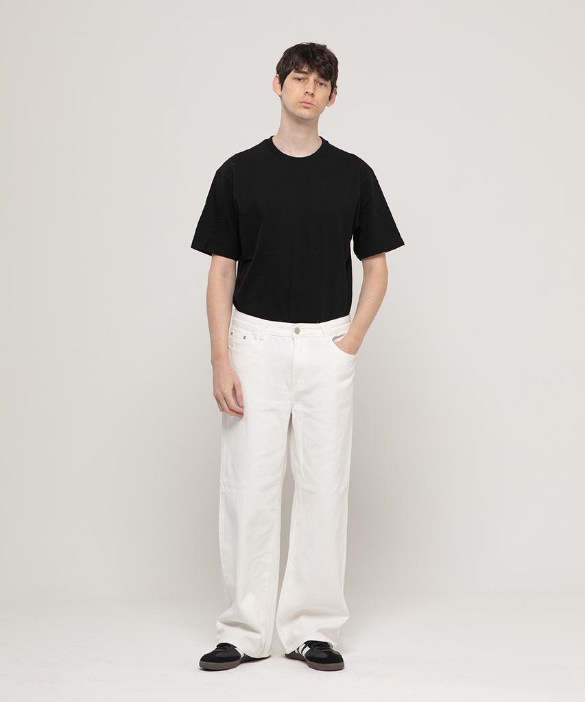 CHAMBROS Non-Faded Basic Semi-Wide Cotton Denim Pants [Black]