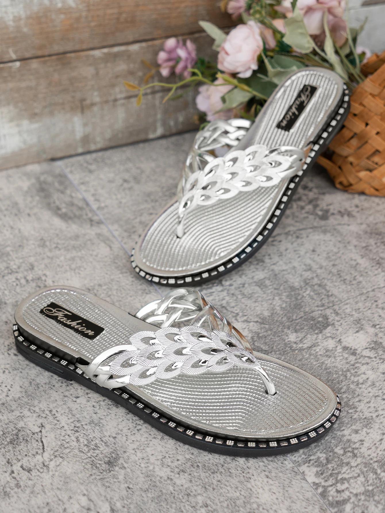 

New Women Sandals Slippers Flat Flip Flops Female Fashionable Open Toe Flats Woman Non Slip Slides Shoes Outdoor Beach Slides 36 срібний
