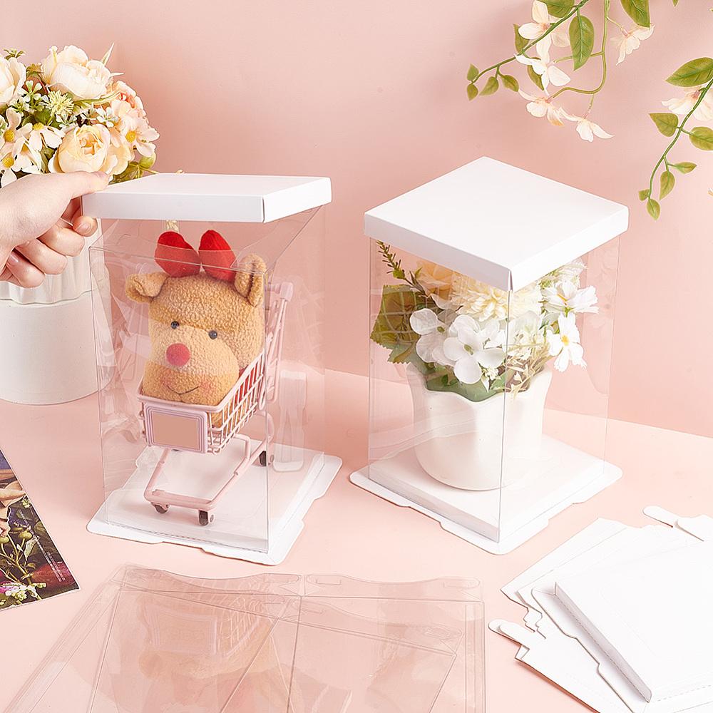 6sets Folding Clear Plastic Gift Storage Boxes with Paper Top & Buttom Rectangle White 15.2x15.2x23.5cm