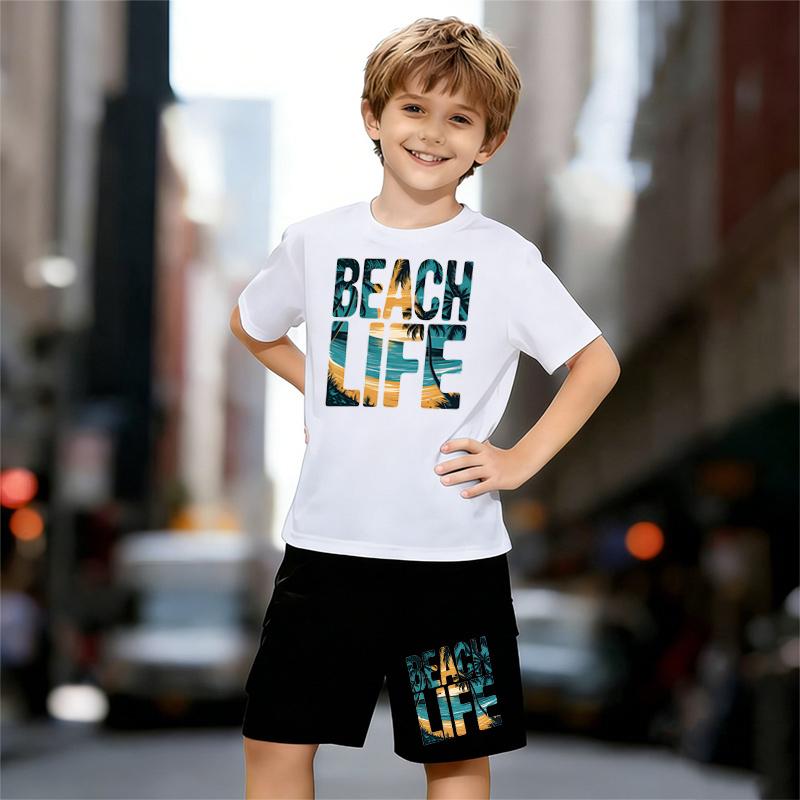 

Boys 2 Piece Beach Vacation Pattern Print Outfit, Short Sleeve T-Shirt and Shorts Set for Kids Age 5-14,Black and White Sporty Casual Summer Clothes 13-14 Years