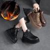 Fashion GKTINOO Loafers for Women 7cm Retro Genuine Leather Ankle Boots British Autumn Winter Plush Moccasins Rubber Soled Flats Shoes